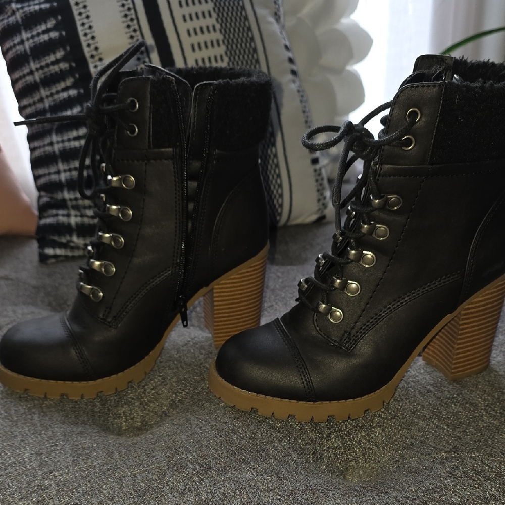 Sugar Black Lace-Up Boots with Tan Heel